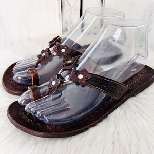 Handcrafted Brown Tooled Leather Floral Cut Out Loop Toe Sandals Boho EU36 US6